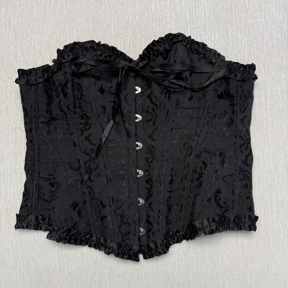Women Overbust Damask Corset Bustier Crop Top Medium Black Floral Ruffle Lace Up